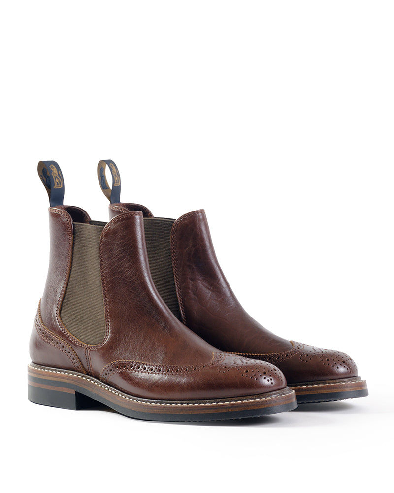 MEDALLION BROGUE CHELSEA BOOTS / SHINKI HIKAKU HORSEBUTT DARK BROWN